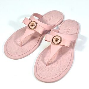 Versace Gianni Slides Gomma Ribbon Medusa Sandals Pink Gold 40 NEW Greek Key